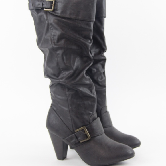 Rampage Dark Brown Knee High Boots Heel Buckle - Picture 2 of 2